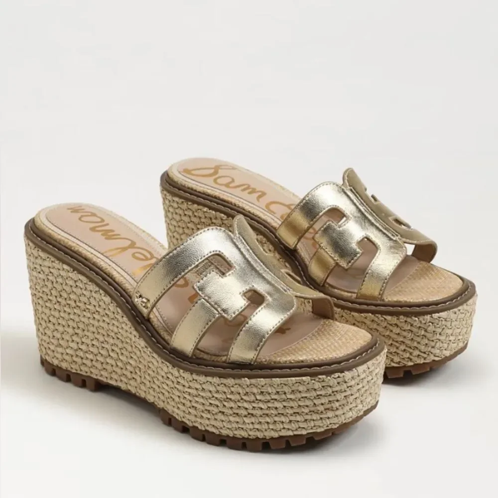 NEW Sam Edelman Laine Platform Wedge Sandal Gold Leather Size 9.5